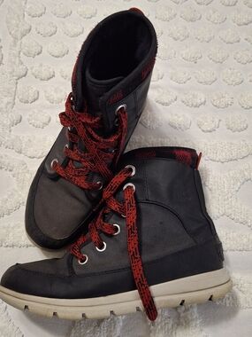 Sorel Black Boots with Red Laces and Plaid Accents